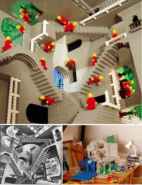 Escher's Relativity in LEGO by Andrew Lipson and Daniel Shiu, inspired by M.C. Escher's Relativity (1953)