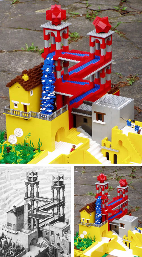 Escher's Waterfall in LEGO by Andrew Lipson and Daniel Shiu, inspired by M.C. Escher's Waterfall (1961)